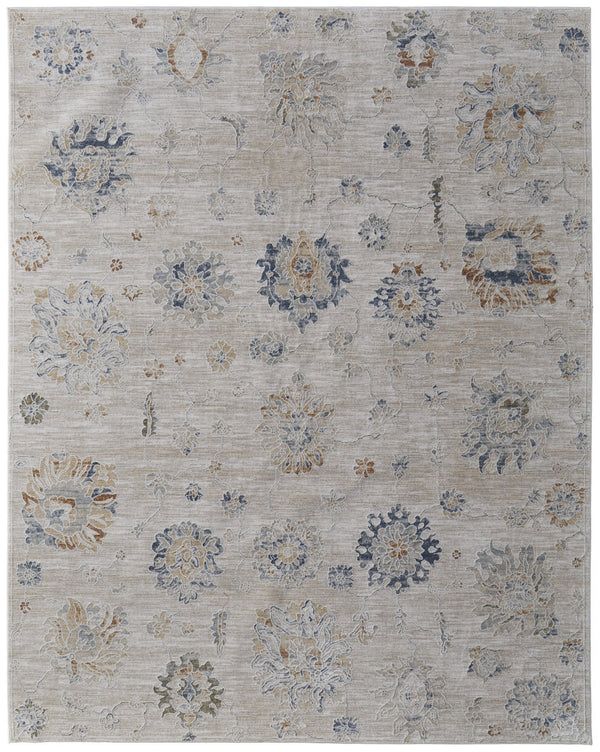 Homeroots 8' X 10' Ivory Taupe And Blue Floral Power Loom Worn Faded Area Rug With Fringe Taupe Polyester 567602