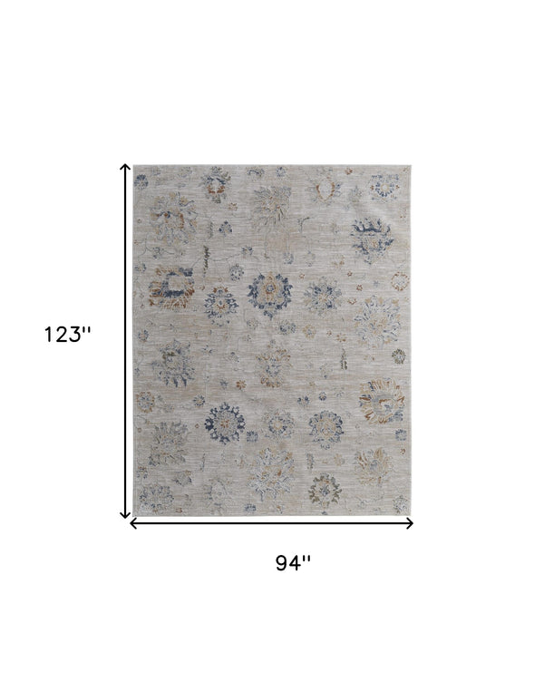 Homeroots 8' X 10' Ivory Taupe And Blue Floral Power Loom Worn Faded Area Rug With Fringe Taupe Polyester 567602