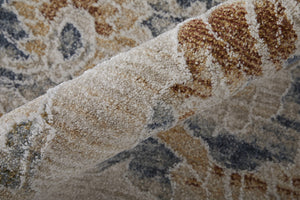 Homeroots 9' X 13' Ivory Taupe And Blue Floral Power Loom Worn Faded Area Rug With Fringe Taupe Polyester 567603