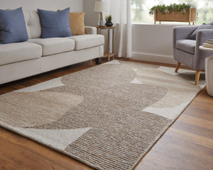 HomeRoots 12' Wool Area Rug - Hand-Tufted Abstract Design in Brown, Tan & Ivory for Modern Living Spaces 567610
