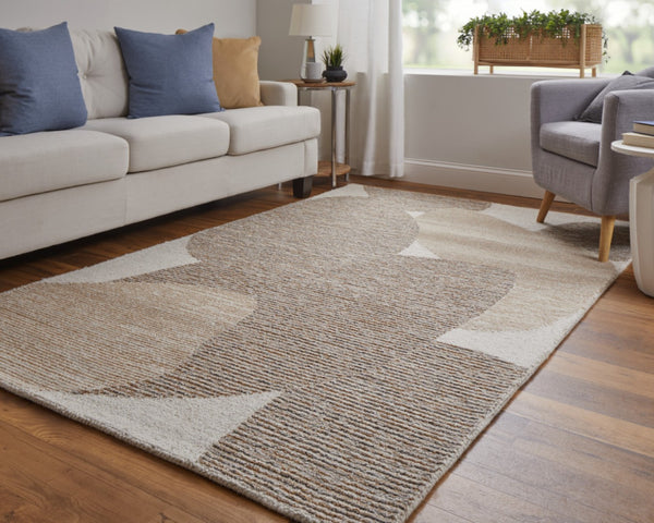 HomeRoots 12' Wool Area Rug - Hand-Tufted Abstract Design in Brown, Tan & Ivory for Modern Living Spaces 567610