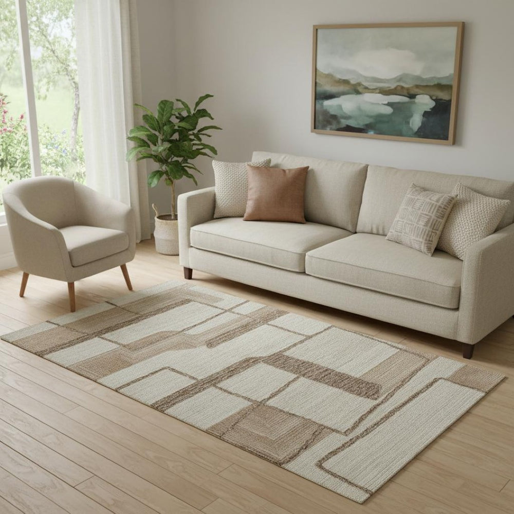 HomeRoots 5' Contemporary Wool Geometric Area Rug in Brown, Tan, Ivory – Hand-Tufted, Stain-Resistant Comfort! 567627