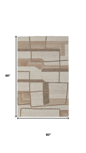 HomeRoots 5' Contemporary Wool Geometric Area Rug in Brown, Tan, Ivory – Hand-Tufted, Stain-Resistant Comfort! 567627