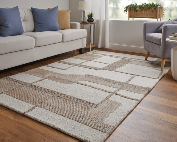 HomeRoots 10' X 14' Handcrafted Wool Geometric Area Rug in Brown, Tan & Ivory - Modern, Durable & Stylish! 567630