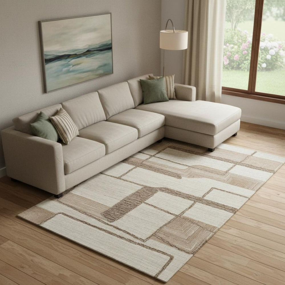 HomeRoots 12' Hand-Tufted Wool Geometric Area Rug in Brown, Tan & Ivory – Modern Artistry for Living Spaces 567631