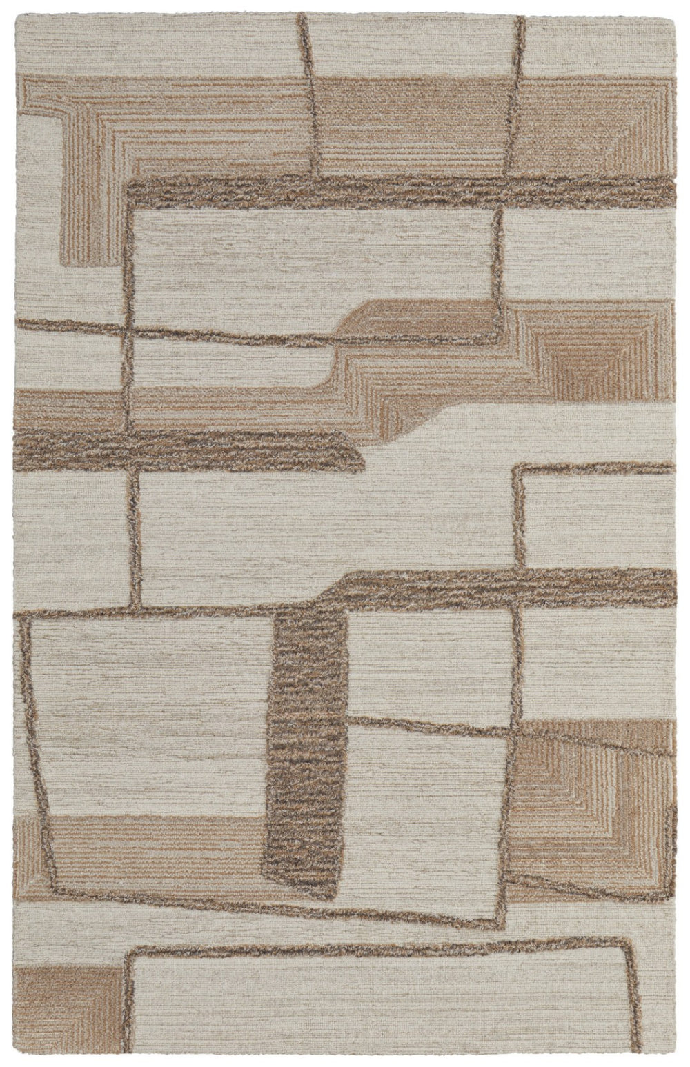 HomeRoots 12' Hand-Tufted Wool Geometric Area Rug in Brown, Tan & Ivory – Modern Artistry for Living Spaces 567631