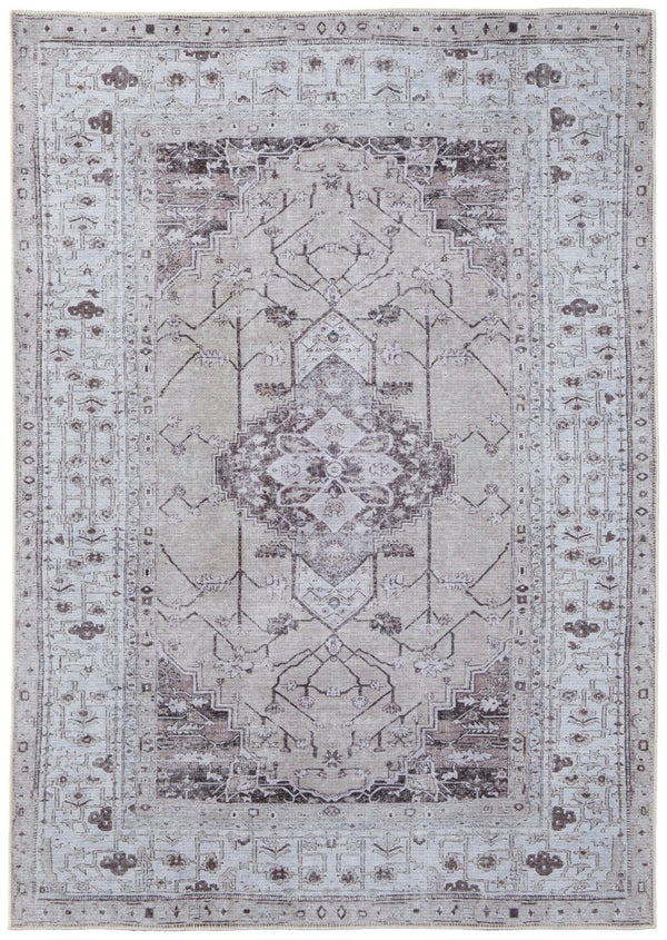HomeRoots 5' Elegant Gray Tan and Ivory Oriental Power Loomed Area Rug - Vintage-Inspired, Washable Design 5' X 8' 567634