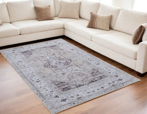 HomeRoots 5' Elegant Gray Tan and Ivory Oriental Power Loomed Area Rug - Vintage-Inspired, Washable Design 5' X 8' 567634