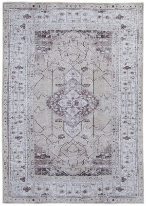 HomeRoots 5' Elegant Gray Tan and Ivory Oriental Power Loomed Area Rug - Vintage-Inspired, Washable Design 5' X 8' 567634