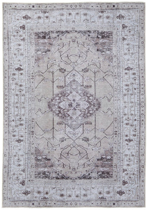 HomeRoots 5' Elegant Gray Tan and Ivory Oriental Power Loomed Area Rug - Vintage-Inspired, Washable Design 8' X 10' 567635