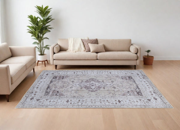HomeRoots 5' Elegant Gray Tan and Ivory Oriental Power Loomed Area Rug - Vintage-Inspired, Washable Design 8' X 10' 567635