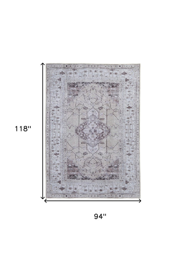HomeRoots 5' Elegant Gray Tan and Ivory Oriental Power Loomed Area Rug - Vintage-Inspired, Washable Design 8' X 10' 567635