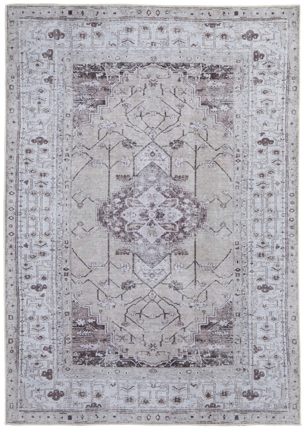 HomeRoots 5' Elegant Gray Tan and Ivory Oriental Power Loomed Area Rug - Vintage-Inspired, Washable Design 8' X 10' 567635