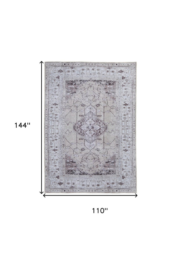 HomeRoots 5' Elegant Gray Tan and Ivory Oriental Power Loomed Area Rug - Vintage-Inspired, Washable Design 9' X 12' 567636