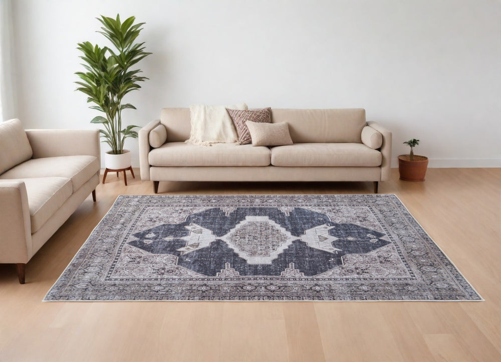 Homeroots 9' X 12' Gray Taupe And Ivory Oriental Power Loom Washable Area Rug Gray Polyester 567640