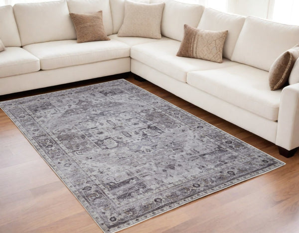 HomeRoots 5' Gray and Ivory Oriental Area Rug - Timeless Power Loom Design, Washable for Easy Care and Style 5' X 8' 567642