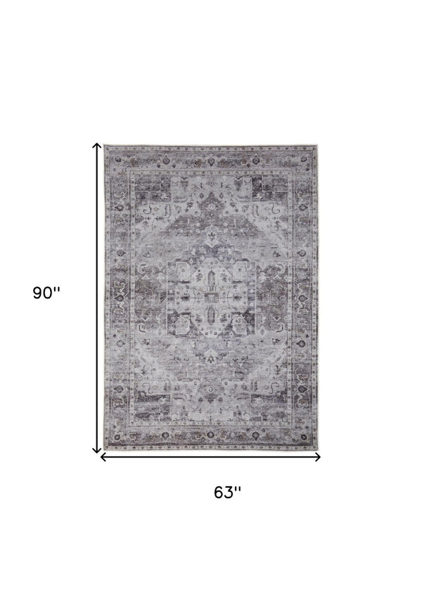 HomeRoots 5' Gray and Ivory Oriental Area Rug - Timeless Power Loom Design, Washable for Easy Care and Style 5' X 8' 567642