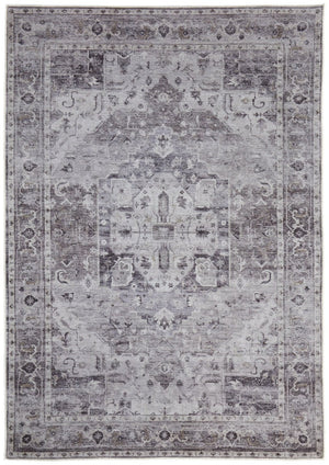 HomeRoots 5' Gray and Ivory Oriental Area Rug - Timeless Power Loom Design, Washable for Easy Care and Style 9' X 12' 567644