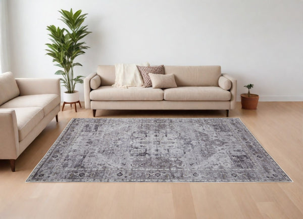 HomeRoots 5' Gray and Ivory Oriental Area Rug - Timeless Power Loom Design, Washable for Easy Care and Style 9' X 12' 567644