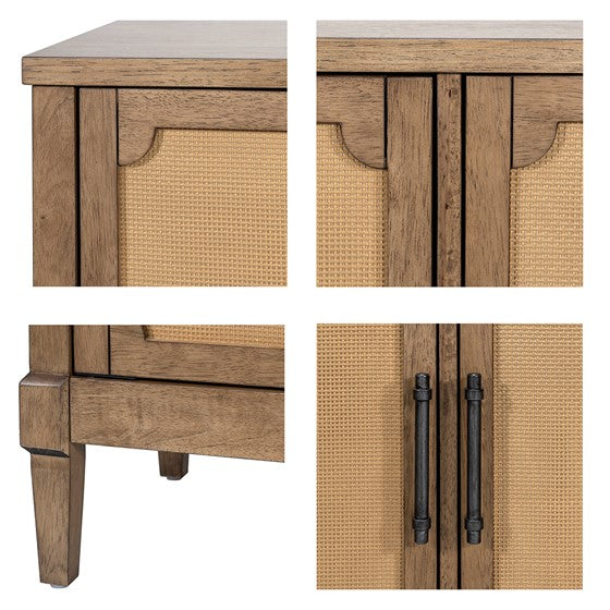 English Elm Woven Cane Accent Cabinet Toasted Almond Finish, Solid Wood Legs, Mid-Century Storage Console B035P256568