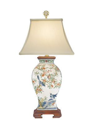 Wildwood Pom Hand-Painted Porcelain Lamp With Blue Bird Motifs, Mahogany Wood Base & Bone Silkette Shade (25") 5677
