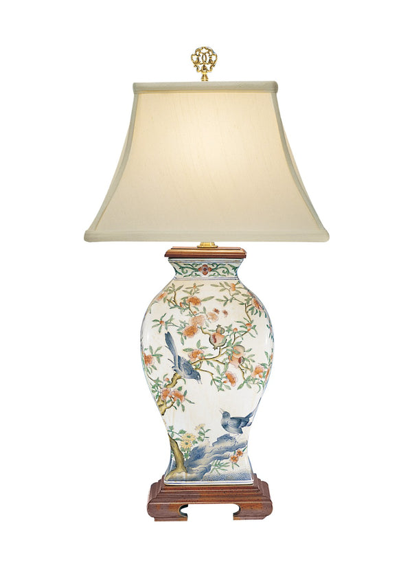 Wildwood Pom Hand-Painted Porcelain Lamp With Blue Bird Motifs, Mahogany Wood Base & Bone Silkette Shade (25") 5677