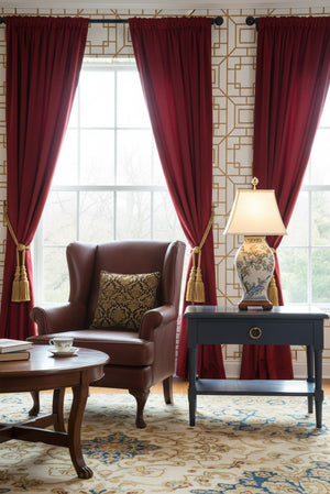 Wildwood Pom Hand-Painted Porcelain Lamp With Blue Bird Motifs, Mahogany Wood Base & Bone Silkette Shade (25") 5677