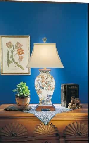 Wildwood Pom Hand-Painted Porcelain Lamp With Blue Bird Motifs, Mahogany Wood Base & Bone Silkette Shade (25") 5677