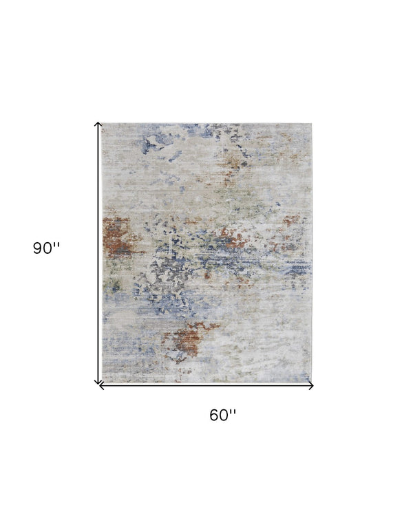 HomeRoots 5' Abstract Area Rug in Red, Blue, and Ivory - Modern Design, Stain Resistant, Durable Cotton Backing 5' X 8' 567703