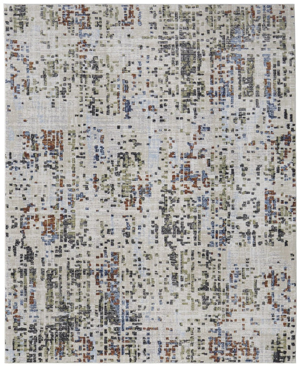 HomeRoots 5' Abstract Area Rug in Ivory, Green, and Blue - Modern Power Loomed, Durable, Kid & Pet Friendly! 5' X 8' 567708