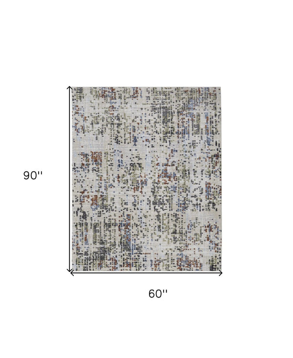 HomeRoots 5' Abstract Area Rug in Ivory, Green, and Blue - Modern Power Loomed, Durable, Kid & Pet Friendly! 5' X 8' 567708