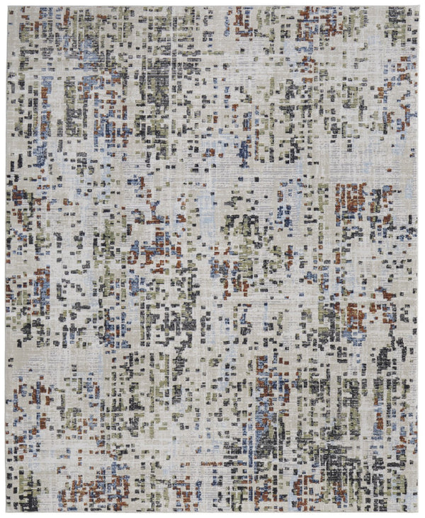 HomeRoots 5' Abstract Area Rug in Ivory, Green, and Blue - Modern Power Loomed, Durable, Kid & Pet Friendly! 9' X 13' 567711