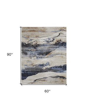 HomeRoots 5' Modern Blue-Gray and Tan Abstract Area Rug - Durable, Stain-Resistant, Perfect for Any Space 5' X 8' 567713