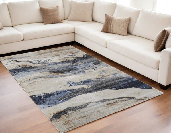 HomeRoots 5' Modern Blue-Gray and Tan Abstract Area Rug - Durable, Stain-Resistant, Perfect for Any Space 5' X 8' 567713