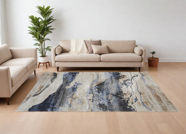 HomeRoots 5' Modern Blue-Gray and Tan Abstract Area Rug - Durable, Stain-Resistant, Perfect for Any Space 7' X 10' 567714