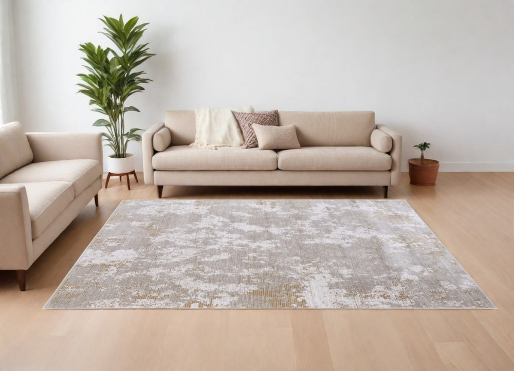 HomeRoots 5' Stylish Gray, Brown, and Ivory Abstract Area Rug – Durable, Stain-Resistant, Kid & Pet Friendly! 9' X 13' 567741