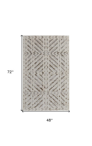 HomeRoots 4' Modern Ivory and Brown Geometric Area Rug - Stain Resistant, Easy Care for High-Traffic Spaces 4' X 6' 567803