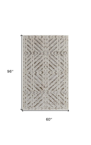 HomeRoots 4' Modern Ivory and Brown Geometric Area Rug - Stain Resistant, Easy Care for High-Traffic Spaces 5' X 8' 567804