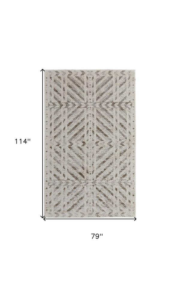 HomeRoots 4' Modern Ivory and Brown Geometric Area Rug - Stain Resistant, Easy Care for High-Traffic Spaces 7' X 10' 567806