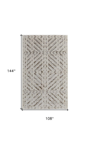HomeRoots 4' Modern Ivory and Brown Geometric Area Rug - Stain Resistant, Easy Care for High-Traffic Spaces 9' X 12' 567807