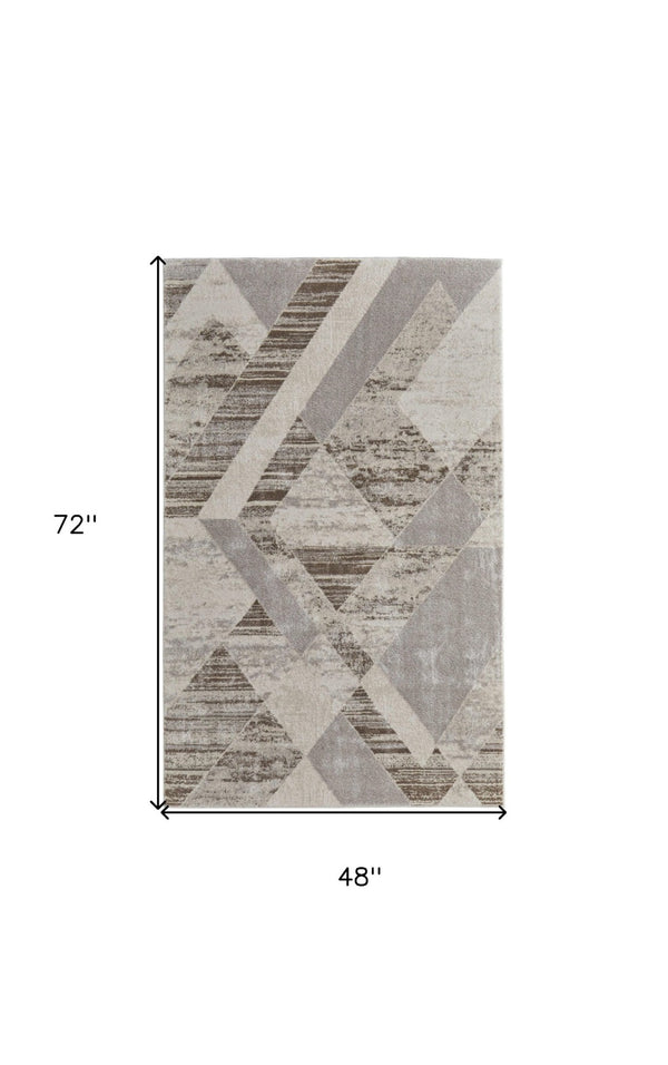 HomeRoots 4' Contemporary Ivory, Gray, and Brown Geometric Area Rug - Stylish, Durable, and Easy Care Design 4' X 6' 567811