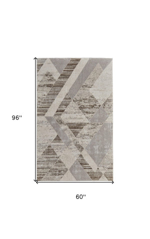 HomeRoots 4' Contemporary Ivory, Gray, and Brown Geometric Area Rug - Stylish, Durable, and Easy Care Design 5' X 8' 567812