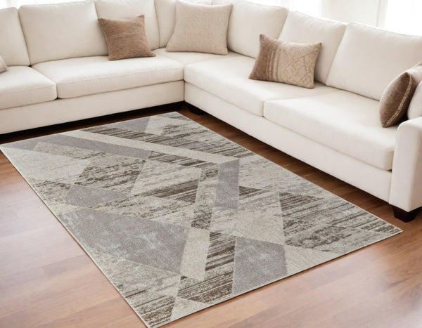 HomeRoots 4' Contemporary Ivory, Gray, and Brown Geometric Area Rug - Stylish, Durable, and Easy Care Design 5' X 8' 567812