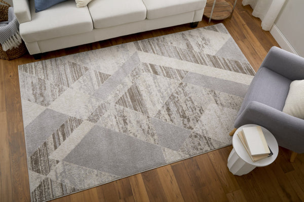 HomeRoots 4' Contemporary Ivory, Gray, and Brown Geometric Area Rug - Stylish, Durable, and Easy Care Design 10' X 14' 567816