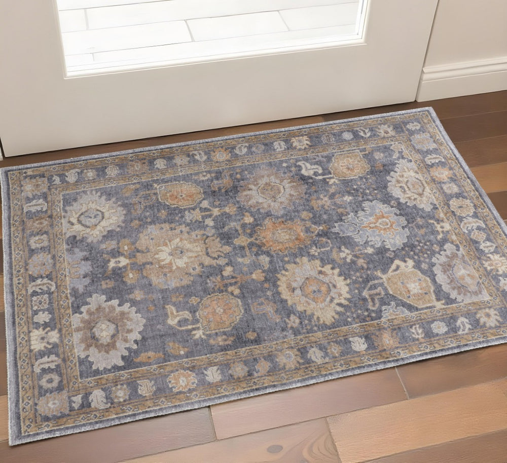 HomeRoots 2' Hand-Knotted Blue Gray and Tan Oriental Area Rug – Vintage Charm for Small Spaces and Decor 2' X 3' 567832