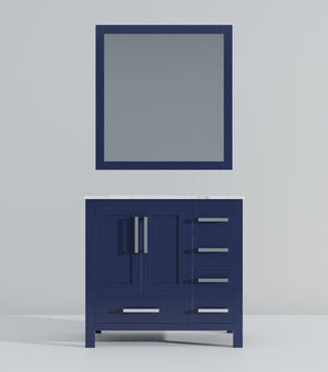 English Elm Navy Blue Bath Vanity With Left-Offset Carrara Marble Top & 34" Mirror - Stylish Storage Solution! B2731S00691