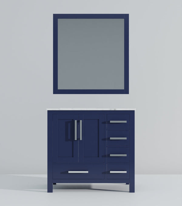 English Elm Navy Blue Bath Vanity With Left-Offset Carrara Marble Top & 34" Mirror - Stylish Storage Solution! B2731S00691