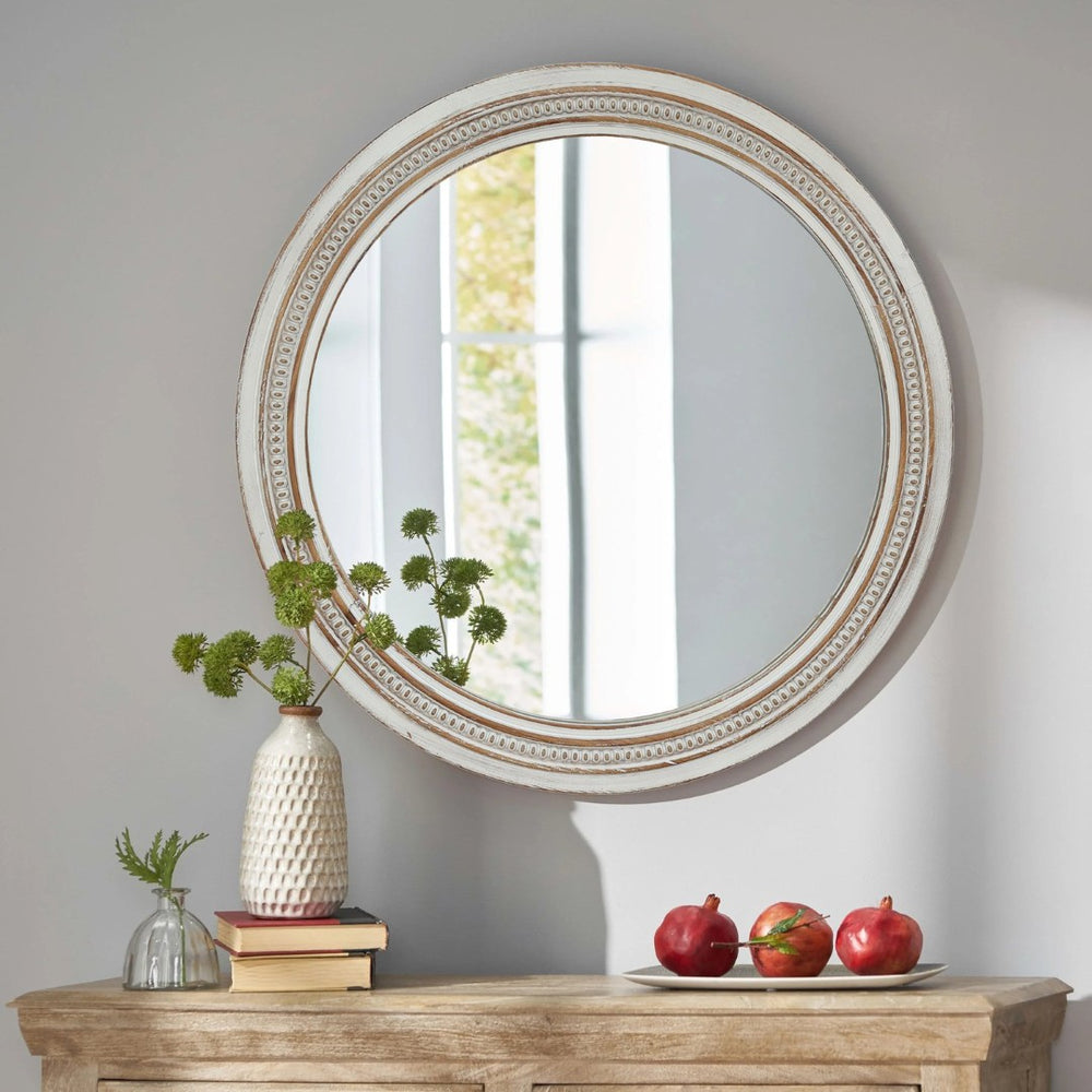 English Elm Vintage Round Wood Wall Mirror Beaded Ornate Frame Farmhouse Cottage Decor Accent W2295P414109
