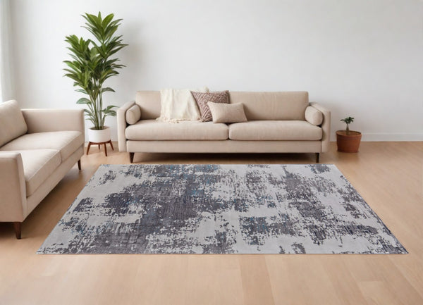 HomeRoots 4' Transform Your Space with a Soft Wool-Blend Abstract Area Rug in Ivory, Brown, and Blue Tones 8' X 10' 567875
