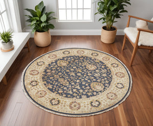Homeroots 8' Black Brown And Gold Wool Oriental Hand Knotted Round Rug Black Wool 567889